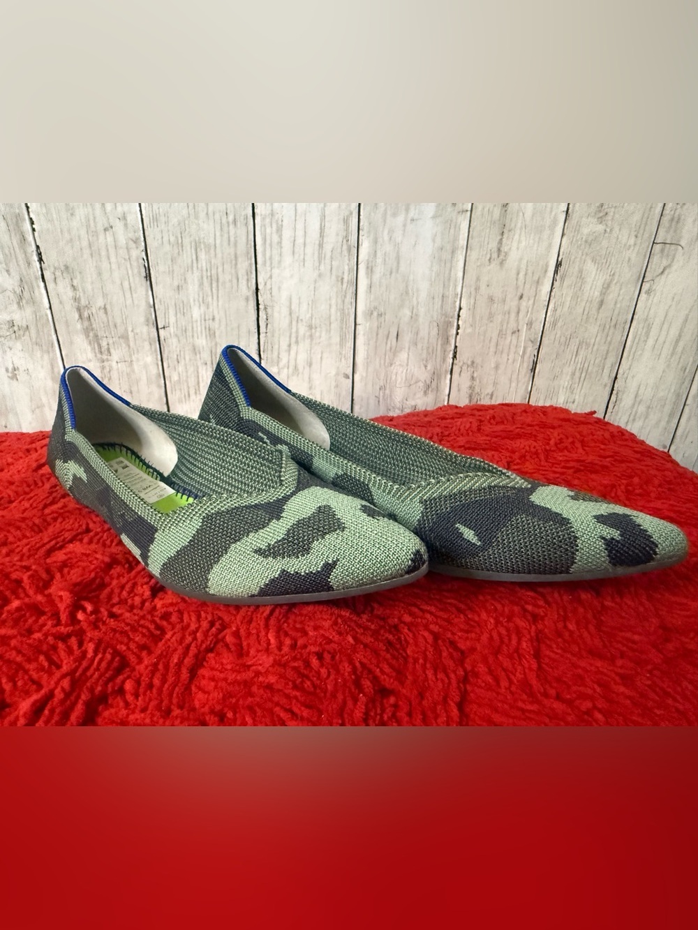 Rothy’s “The Point” Green Camo Knit Pointed Toe Slip On Flats Size 8.5